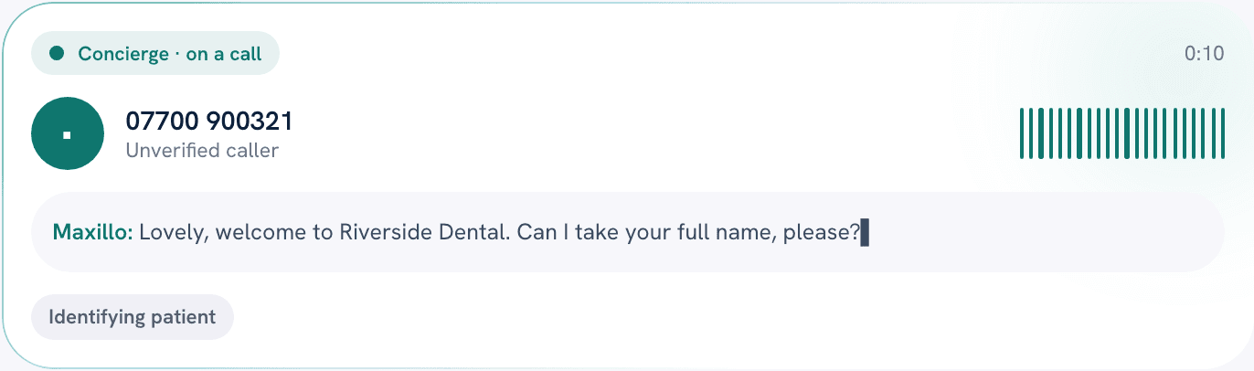 A live Concierge call: the caller, their number masked, and the outcome